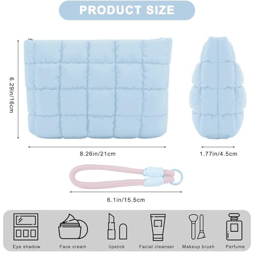 DOB SECHS Puffer Quilted Makeup Bag with Handle Detachable Cute Puffy Cotton Cosmetic Bag, Small Toiletry Zipper Make Up Pouch Purse, Checkered Storage Organizer Clutch Bag, Travel Pouches Case, Blue - Image 3