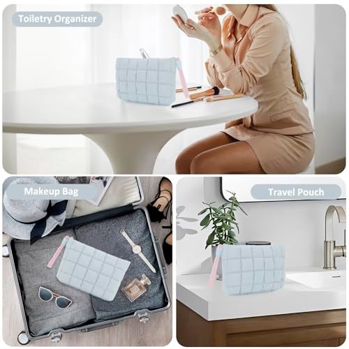 DOB SECHS Puffer Quilted Makeup Bag with Handle Detachable Cute Puffy Cotton Cosmetic Bag, Small Toiletry Zipper Make Up Pouch Purse, Checkered Storage Organizer Clutch Bag, Travel Pouches Case, Blue - Image 2