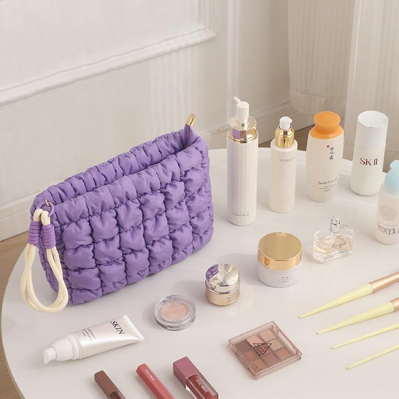 DOB SECHS Puffer Quilted Makeup Bag with Handle Detachable Cute Puffy Cotton Cosmetic Bag, Small Toiletry Zipper Make Up Pouch Purse, Checkered Storage Organizer Clutch Bag, Travel Pouches Case, Blue - Image 5