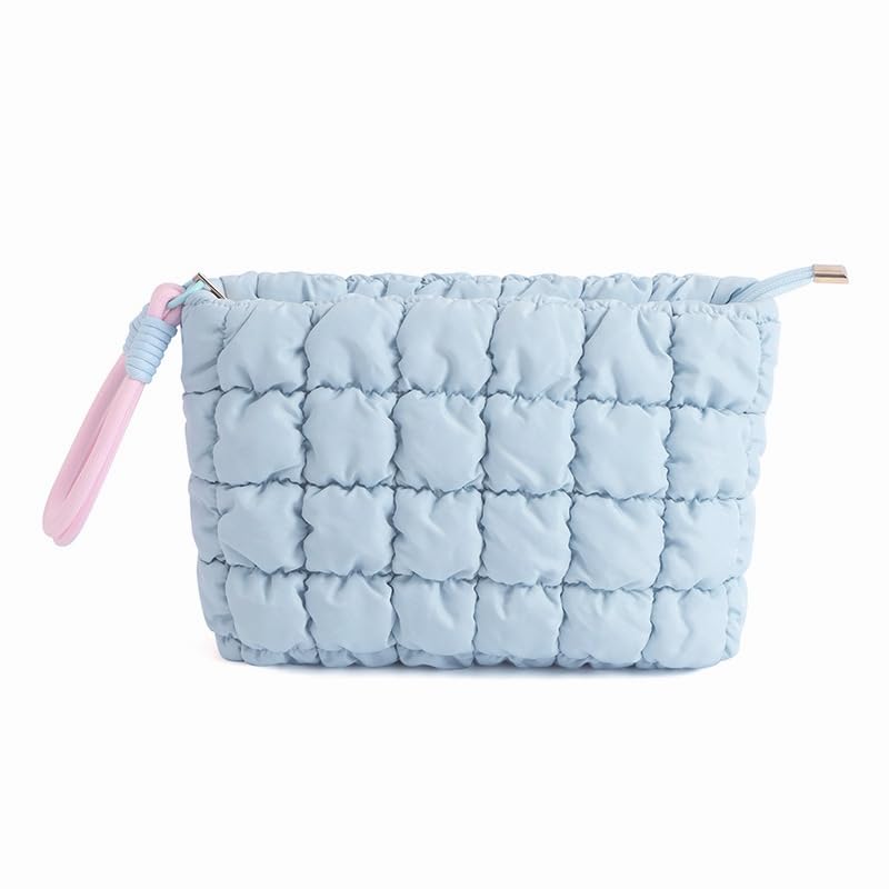 DOB SECHS Puffer Quilted Makeup Bag with Handle Detachable Cute Puffy Cotton Cosmetic Bag, Small Toiletry Zipper Make Up Pouch Purse, Checkered Storage Organizer Clutch Bag, Travel Pouches Case, Blue - Image 1