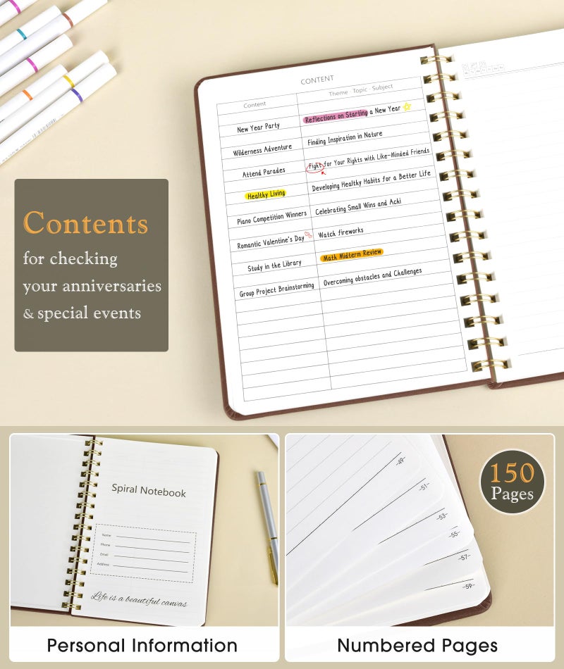 PAPEJOON Lined Spiral Journal Notebook, A5 Hardcover Spiral Journals for Women Men, 150 Numbered Pages Spiral Bound Notebook, 100 GSM College Ruled Notebooks for Writing Note Taking 5.75" x 8.38", Dark Brown - Image 2