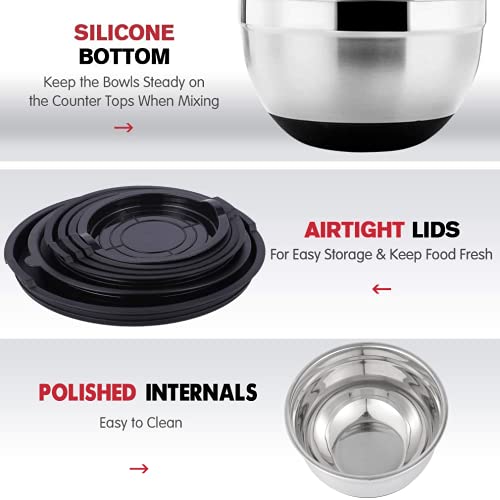 Rottay Mixing Bowls Set with Airtight Lids, 20PCS Stainless Steel, Nesting Bowls with 3 Grater Attachments & Non-Slip Bottoms, Size7, 4, 3, 2, 1.5, 1QT Bowls for Baking&Prepping - Image 4