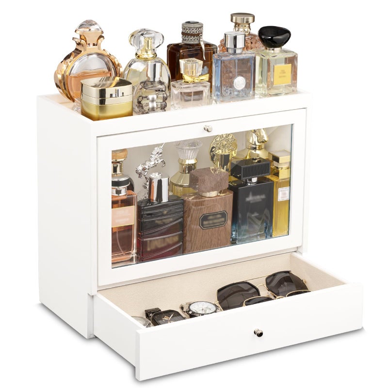 Emfogo Cologne Organizers Stand for Men, Solid Wood Perfumes Organizers Stand for Men Dresser, Large Capacity Dustproof Cologne Holder with Drawer Storage Perfume Stand, Ideal Gift for Loved ones - Image 1