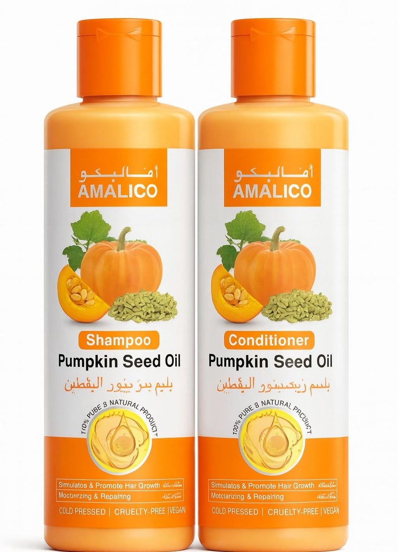 Amalico Pumpkin Seed Oil Shampoo & Conditioner Set – Natural Nourishing Formula for Stronger, Healthier Hair, Repairs Split Ends, Enhances Shine & Promotes Growth – 100% Natural & Free of Harsh Chemicals 500ml + 500ml