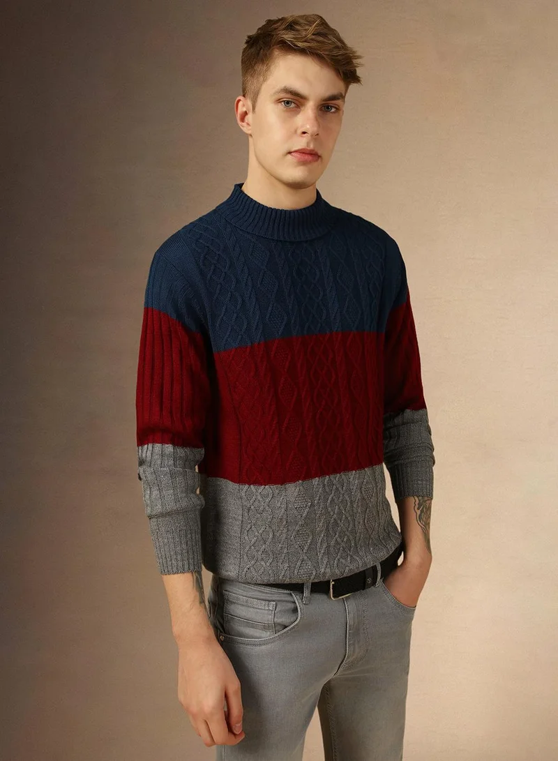 Dennis Lingo Men's Rust 100% Acrylic Colour Blocked Slim Sweater