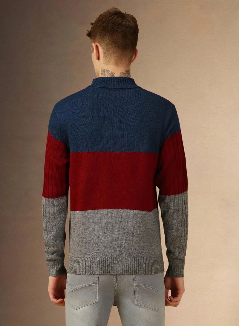 Dennis Lingo Men's Rust 100% Acrylic Colour Blocked Slim Sweater