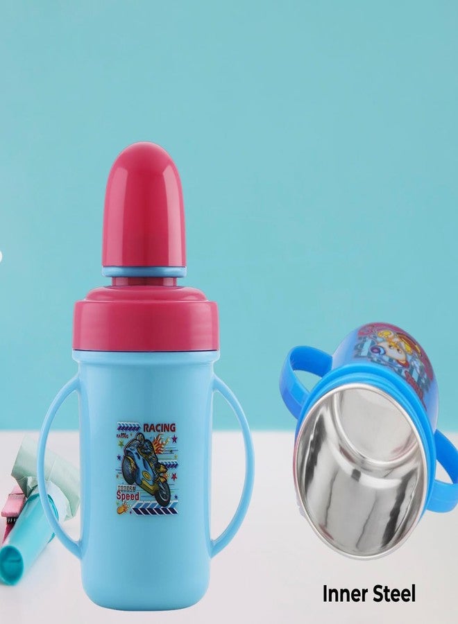 Zerya Hippo Baby Sipper Milk Bottle for Infant Toddler 250 ml, Anti-Spill Sippy Cup with Soft Silicone Nipple BPA Free, with Steel Inner (Sky Blue) - Image 2
