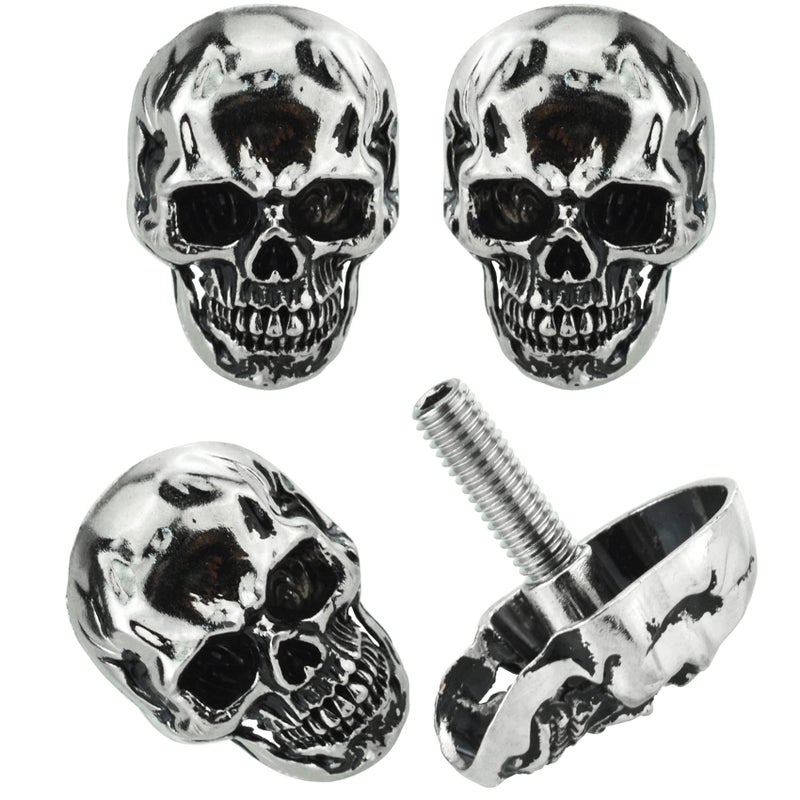 Abfer Skull License Plate Screws Cover Anti Theft License Plate Screw Frame Bolt Kit Decorative Fit for Most Vehicle Motorcycles Trucks Silver