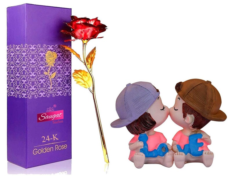 Saugat Traders Romantic Gift for Lover Golden Red Rose Flower Magnetic Kissing Couple Showpiece Girlfriend Boyfriend Valentines Day Combo - Image 1
