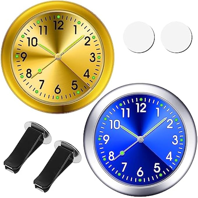 2 Pieces Car Clock Universal Stick On Dashboard Car Clock Mini Luminous Quartz Analog Car Dashboard Clocks Gold And Blue