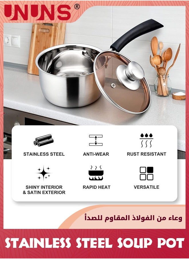 UNUNS Saucepan With Lid,Stainless Steel Sauce Pan,Small Pot Soup Milk Pan For Home Kitchen Restaurant,Long Heatproof Handle,Dishwasher Safe  - Image 2