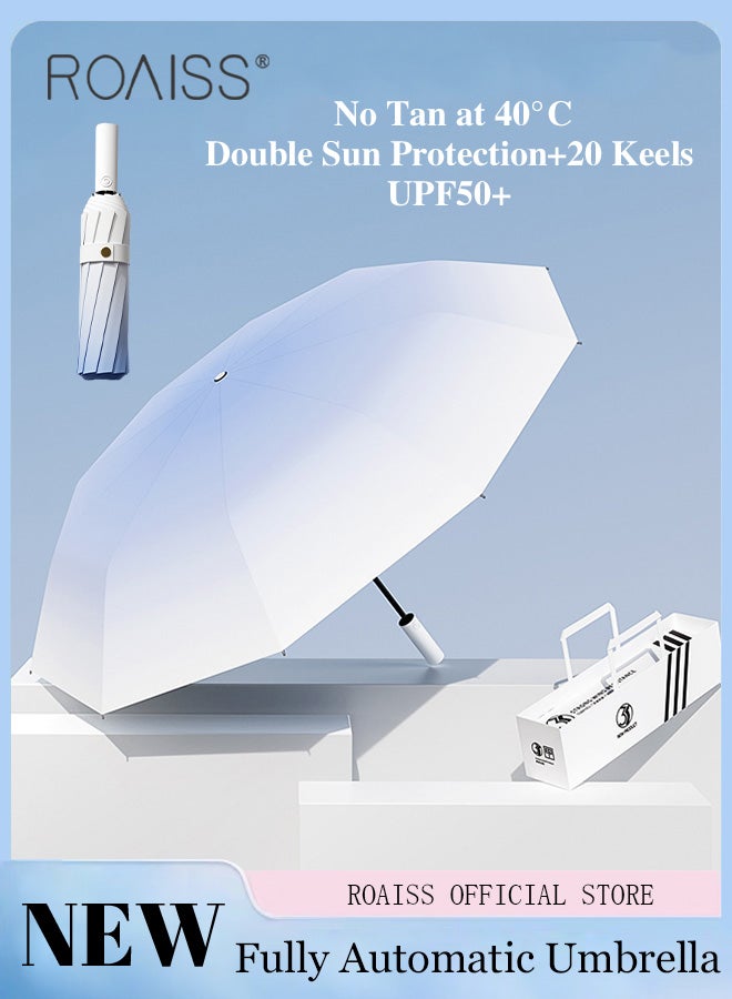 رويس مظلة متعددة الوظائف ذات الطي المتكامل للجنسين مع طلاء مقاوم للماء وحجب الأشعة فوق البنفسجية وطلاء أسود من الفينيل إطار المظلة مقوى بـ 20 ضلعًا ومظلة بألوان متدرجة مناسبة للمطر والشمس - Image 1