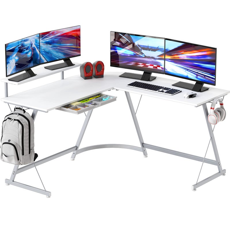 SHW 51 x 51 Inches Vista LShaped Desk with Monitor Stand and Drawer White