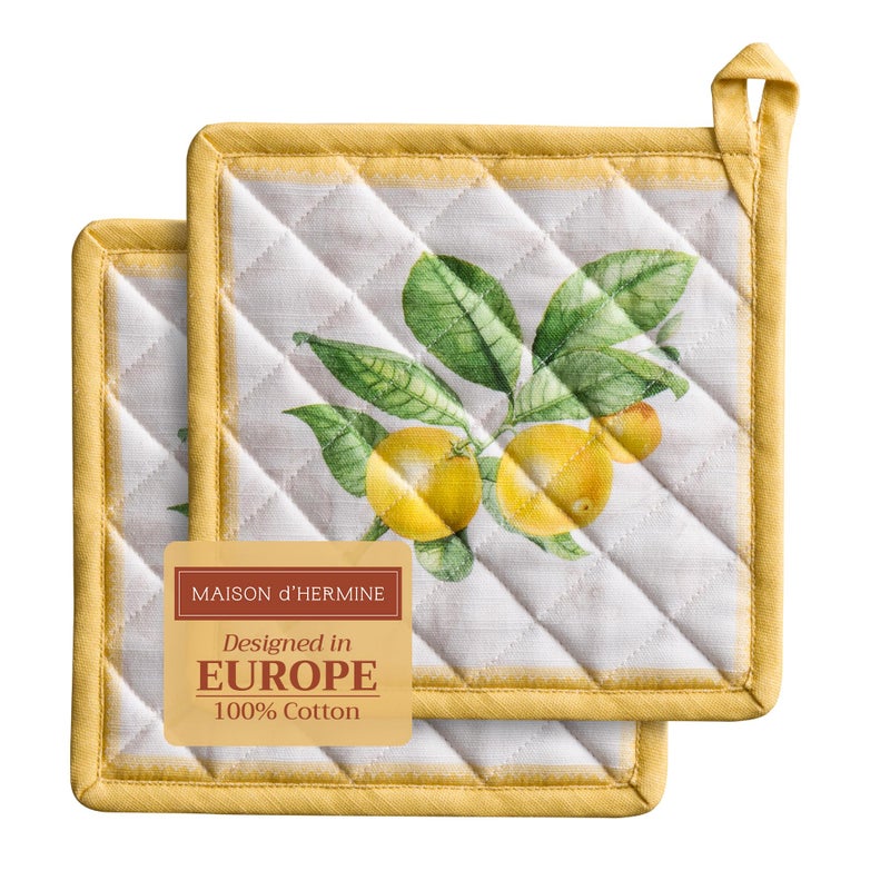 Maison d' Hermine Maison dHermine Pot Holders Set 100 Cotton Heat Resistant Potholders 8 x 8 Hot Pads with Loop BBQ Cooking Baking Grilling Kitchen Handling Hot Pans SpringSummer Pack of 2 Limoncello