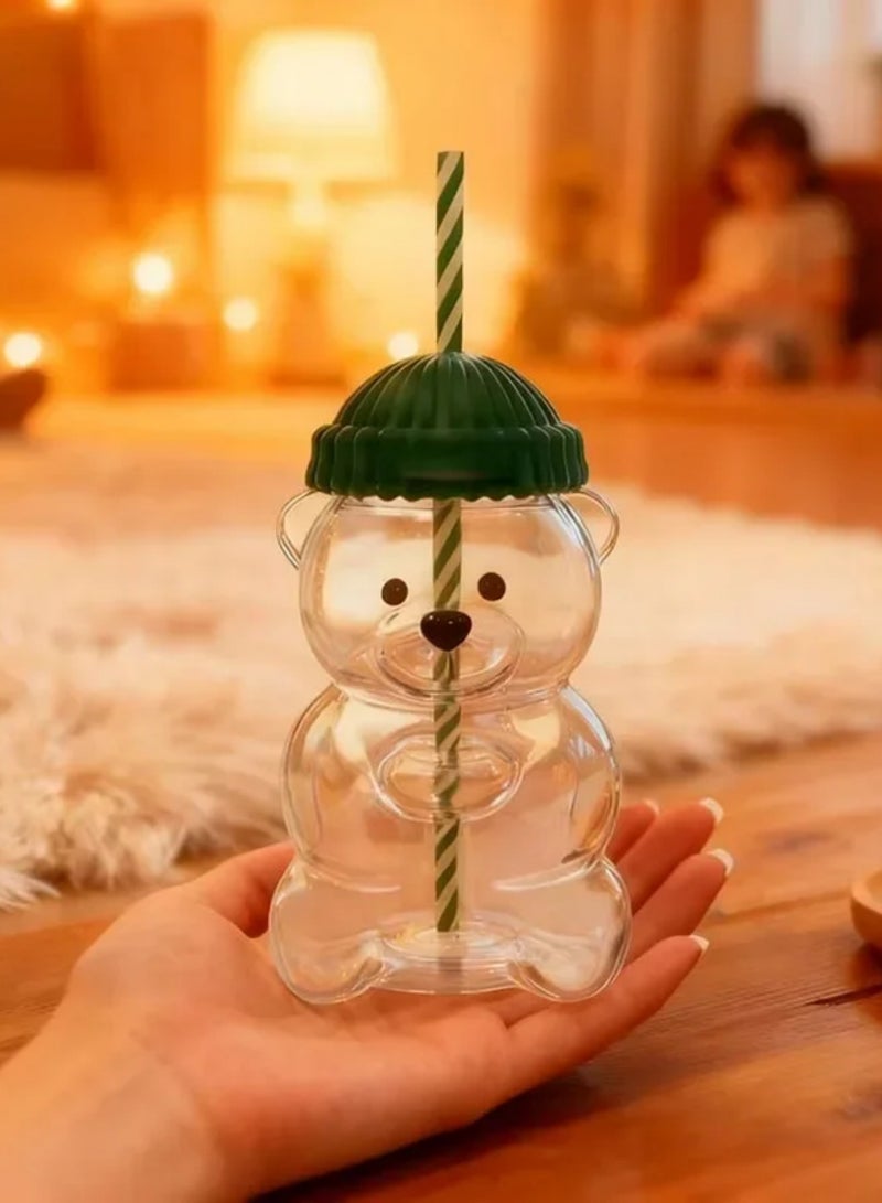 2025 New Bear Straw Cup, Cute Bear Glass Cup with Straw 20oz, Cute Mugs, Coffee Beer Wine Cocktail Drinks Glassware [Glass] Blue Silicone Cap - Image 4