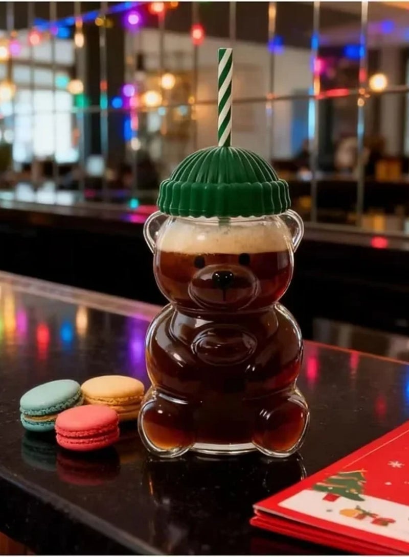 2025 New Bear Straw Cup, Cute Bear Glass Cup with Straw 20oz, Cute Mugs, Coffee Beer Wine Cocktail Drinks Glassware [Glass] Blue Silicone Cap - Image 5