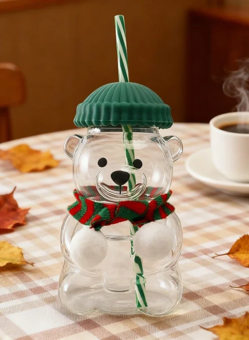 2025 New Bear Straw Cup, Cute Bear Glass Cup with Straw 20oz, Cute Mugs, Coffee Beer Wine Cocktail Drinks Glassware [Glass] Blue Silicone Cap - Image 3