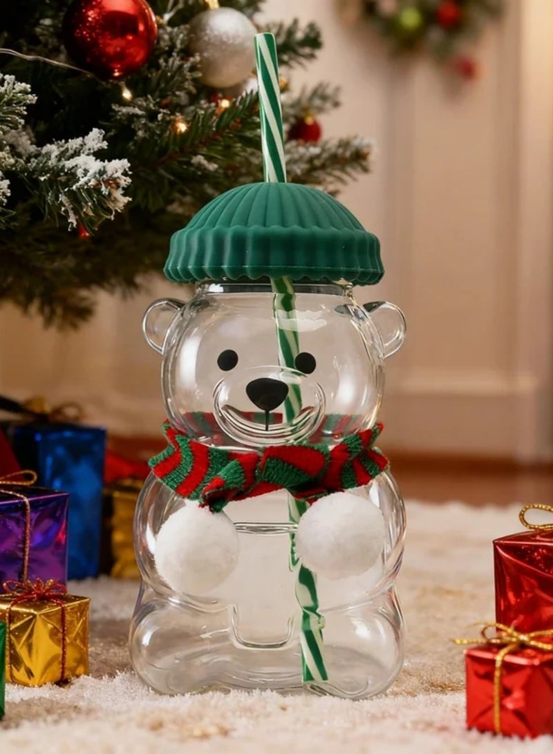 2025 New Bear Straw Cup, Cute Bear Glass Cup with Straw 20oz, Cute Mugs, Coffee Beer Wine Cocktail Drinks Glassware [Glass] Blue Silicone Cap - Image 2