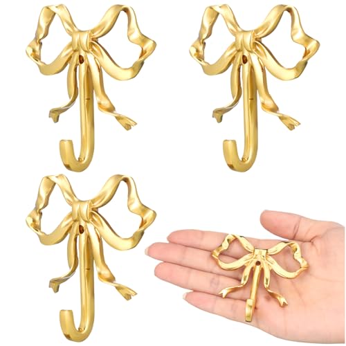 Lineshading 4 Pcs Gold Bow Wall Hooks Brass Coquette Bow Hooks for Coats Hats Bags Bath Towels Robes Vintage Room Decor Office Kitchen Hallway Bathroom Nursery Decorations S - Image 1