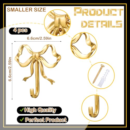 Lineshading 4 Pcs Gold Bow Wall Hooks Brass Coquette Bow Hooks for Coats Hats Bags Bath Towels Robes Vintage Room Decor Office Kitchen Hallway Bathroom Nursery Decorations S - Image 3