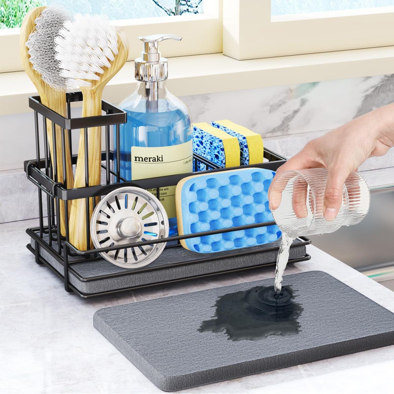 HapiRm Sink Caddy Sponge Holder - Kitchen Sink Organizer with Instant Drying Stone and Brush Holder, Stainless Steel Sponge Caddy for Kitchen Countertop - Black - Image 1