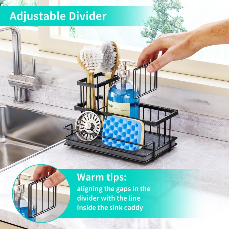 HapiRm Sink Caddy Sponge Holder - Kitchen Sink Organizer with Instant Drying Stone and Brush Holder, Stainless Steel Sponge Caddy for Kitchen Countertop - Black - Image 5