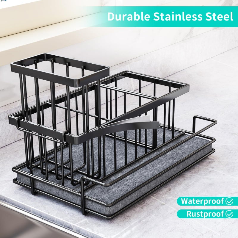 HapiRm Sink Caddy Sponge Holder - Kitchen Sink Organizer with Instant Drying Stone and Brush Holder, Stainless Steel Sponge Caddy for Kitchen Countertop - Black - Image 4