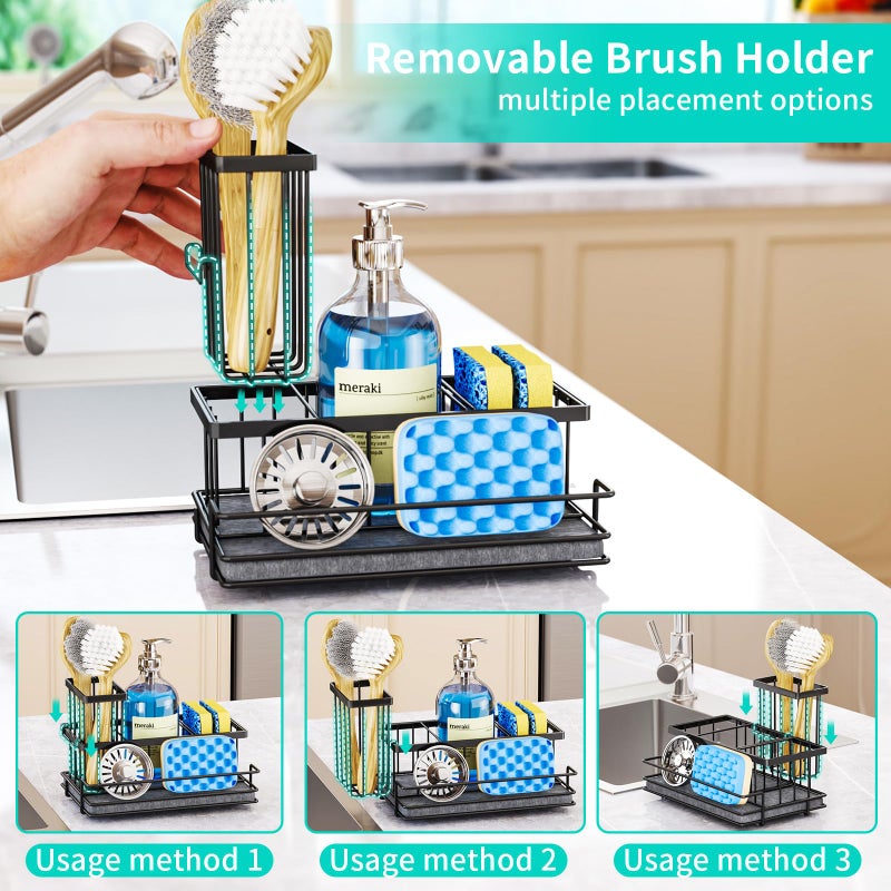 HapiRm Sink Caddy Sponge Holder - Kitchen Sink Organizer with Instant Drying Stone and Brush Holder, Stainless Steel Sponge Caddy for Kitchen Countertop - Black - Image 3