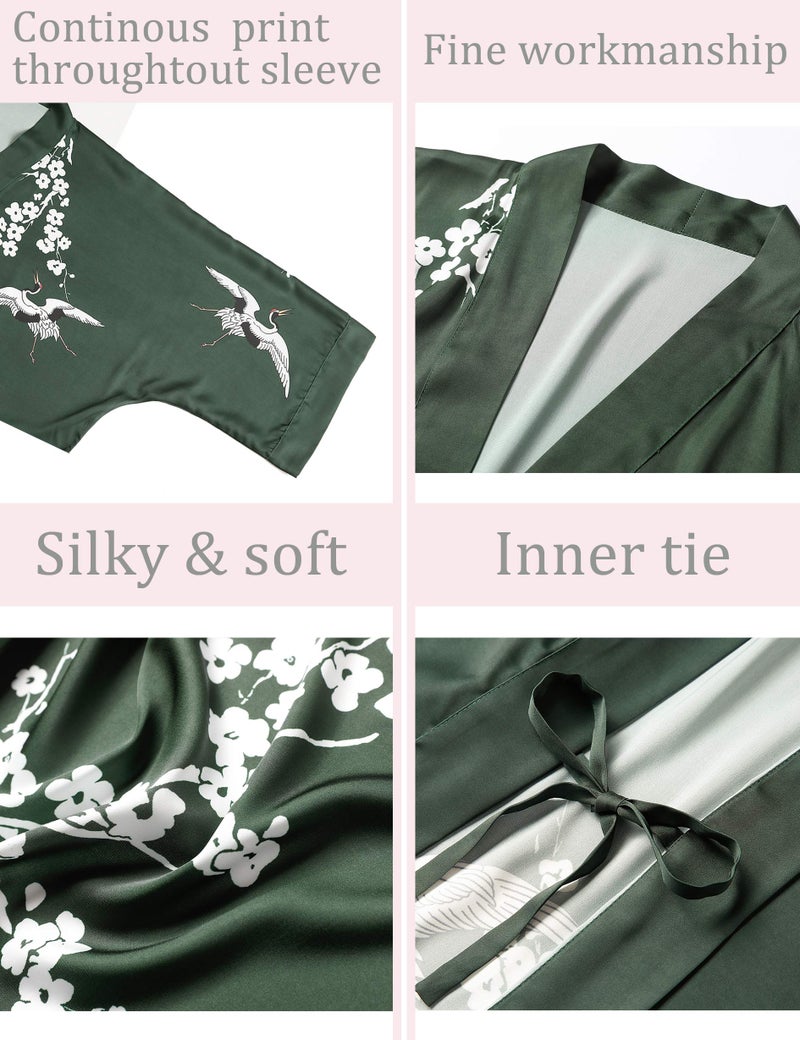 Aensso long lightweight soft silky robes for women, dark green floral bridal bridesmaid summer kimonos robe - Image 3