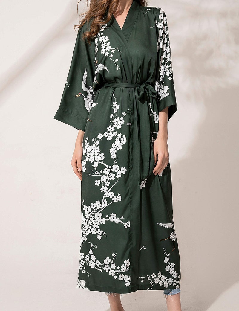Aensso long lightweight soft silky robes for women, dark green floral bridal bridesmaid summer kimonos robe - Image 4