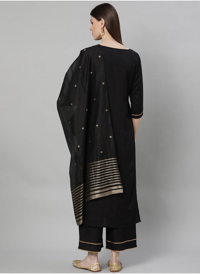 Libas - Solid Straight Kurta and Solid Palazzo with Dupatta Set by Styli - Image 1