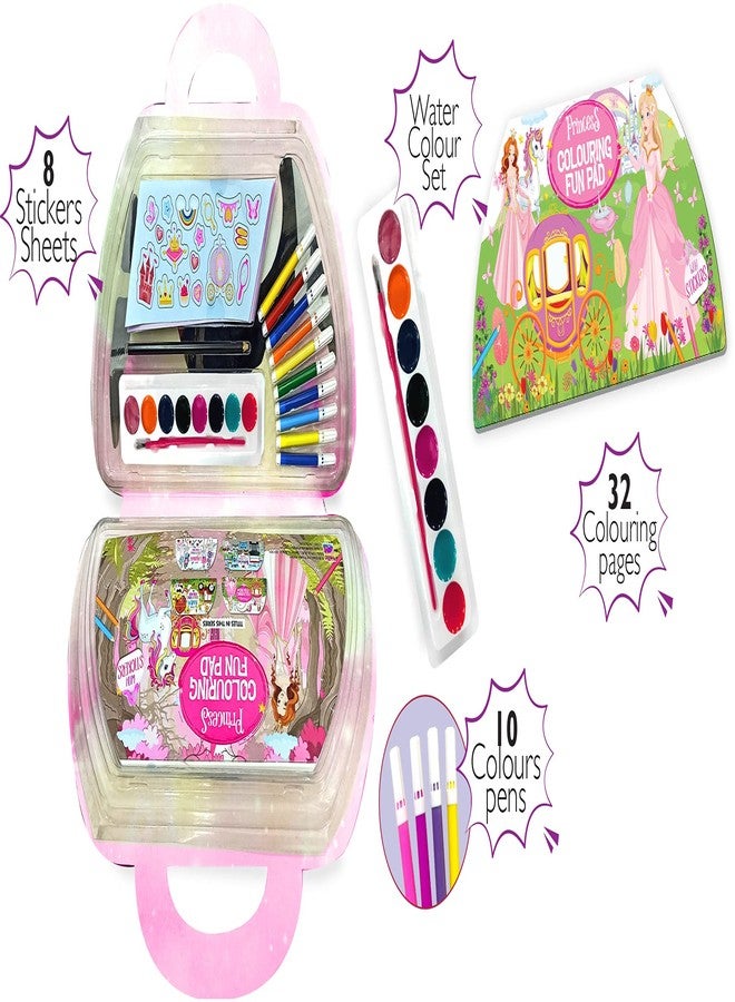 BRIJBASI Princess Colouring Art Book Kit for Girls Kids with 8 Stickers Sheet, 32-Page Book, Watercolor Set & Brush, 10 Color Pens - Ages 3+ Years - Image 2