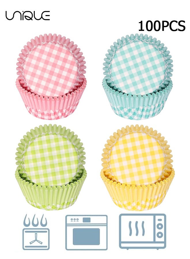 Unique 100Pcs Plaid Cupcake Liners - 4 Colors - Disposable Paper Cupcake Liners - Food Grade Baking Cups - Suitable for Baking, Desserts, Pastries, Weddings, Birthdays, Party Supplies - 7 x 5 x 3 cm - Image 1