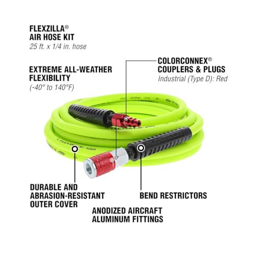 Flexzilla Air Hose with ColorConnex Industrial Type D Coupler and Plug, 1/4 in. x 25 ft., Heavy Duty, Lightweight, Hybrid, ZillaGreen - HFZ1425YW2-D - Image 3