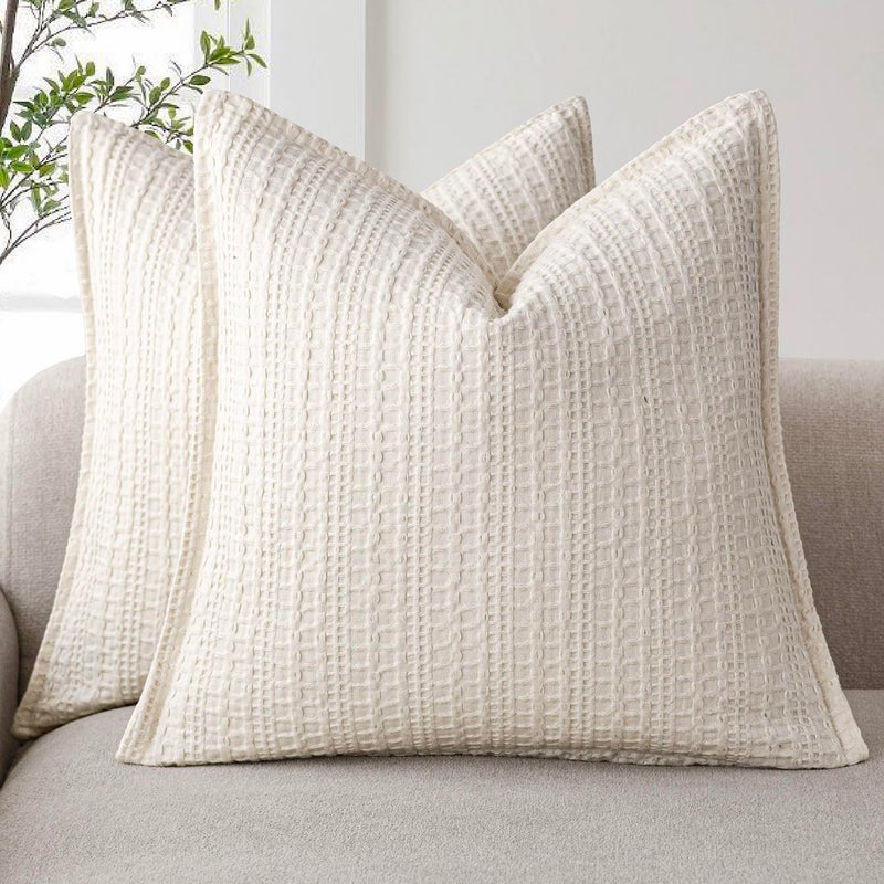 Foindtower Set of 2 Decorative Cotton Waffle Weave Throw Pillow Covers Euro Shams Cushion Covers Accent European Pillowcase for Bed Couch Sofa Bedroom Living Room Home Decor 26×26 Inch Natural Ivory - Image 1