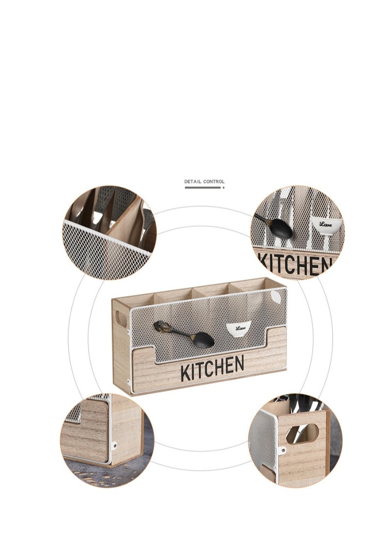 Y&D Kitchen Counter Utensil Holder Black Metal paired with Wood Flatware Organizer 4 Compartments for Spatula Crock Cutlery Caddy Forks, Spoons, Knives, Farmhouse Bin Storage Box - Image 5