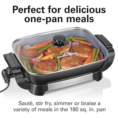 Hamilton Beach Electric Skillet with PFAS-Free Durathon Ceramic Coating, Removable 12x15” Pan, Adjustable Temperature, Reversible Design, Tempered Glass Lid, Black Nonstick Surface (38531) - Image 2
