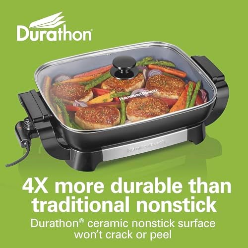 Hamilton Beach Electric Skillet with PFAS-Free Durathon Ceramic Coating, Removable 12x15” Pan, Adjustable Temperature, Reversible Design, Tempered Glass Lid, Black Nonstick Surface (38531) - Image 3