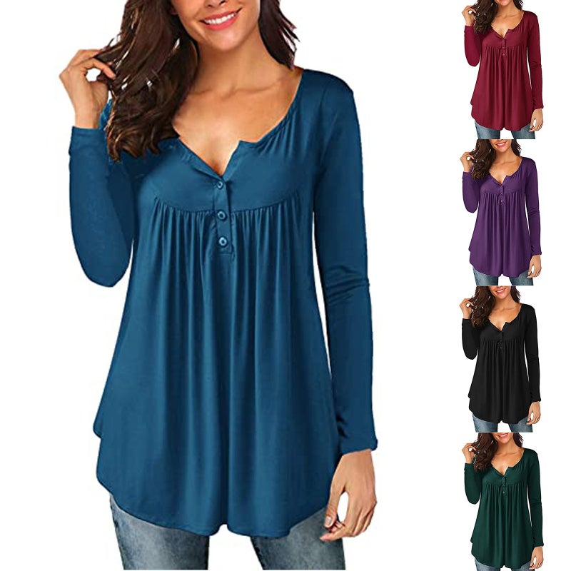 2021 Fall New Women's V-Neck Button Pleated Long-Sleeve T-Shirt Sleeves Two-Wear Loose Top gray S - Image 5