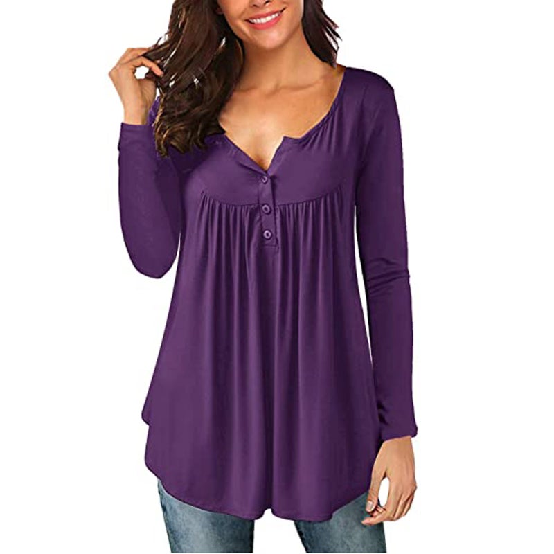2021 Fall New Women's V-Neck Button Pleated Long-Sleeve T-Shirt Sleeves Two-Wear Loose Top gray S - Image 1
