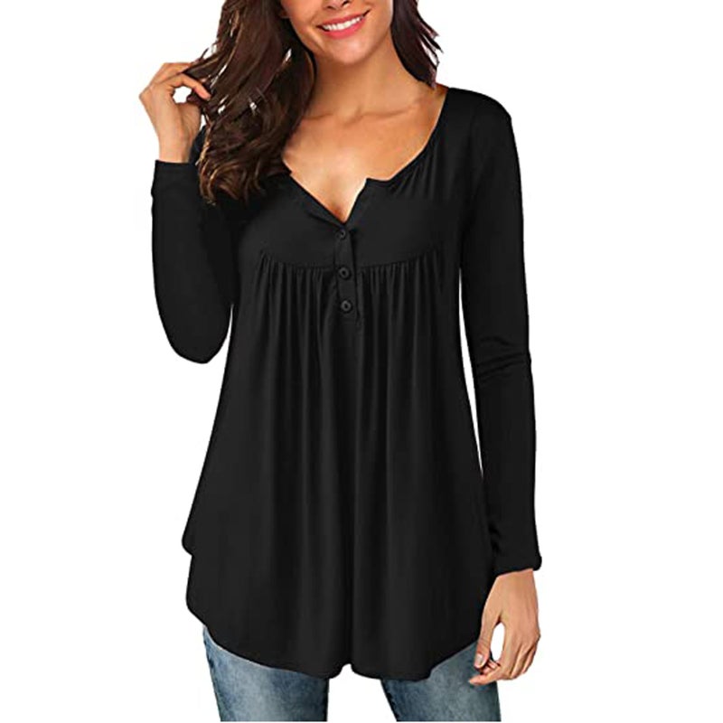 2021 Fall New Women's V-Neck Button Pleated Long-Sleeve T-Shirt Sleeves Two-Wear Loose Top gray S - Image 3