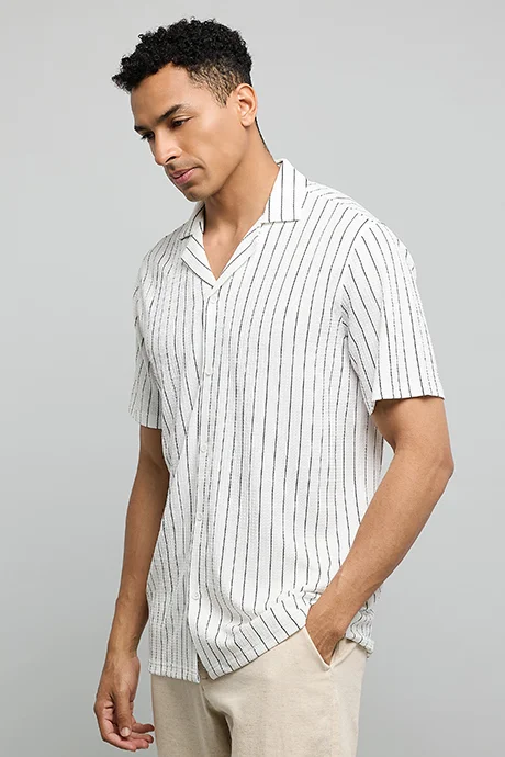 أر أند بي Striped Shirt with Reverse Collar and Short Sleeves