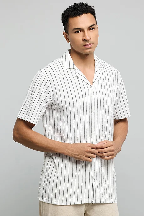 أر أند بي Striped Shirt with Reverse Collar and Short Sleeves