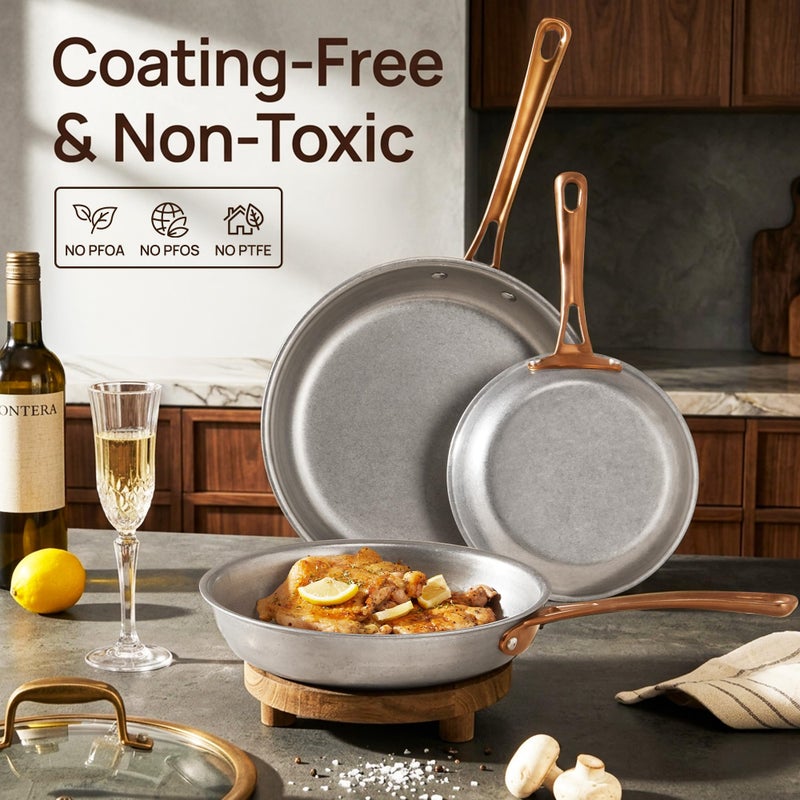 KOKHUB Tri-Ply Stainless Steel Frying Pans Set, 8"/9.5"/11" Vintage Cooking Pans with Lids, PFOA/PTFE/PFAS Free Skillet, Non-Toxic Induction Cookware, Dishwasher & Oven Safe, All Cooktops Compatible - Image 3
