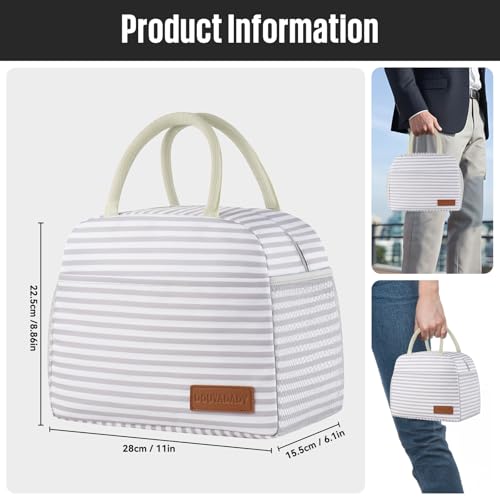 douyadady Lunch Bag WomenMen Lunch Box WomenMen GreyWhite Stripes - Image 3