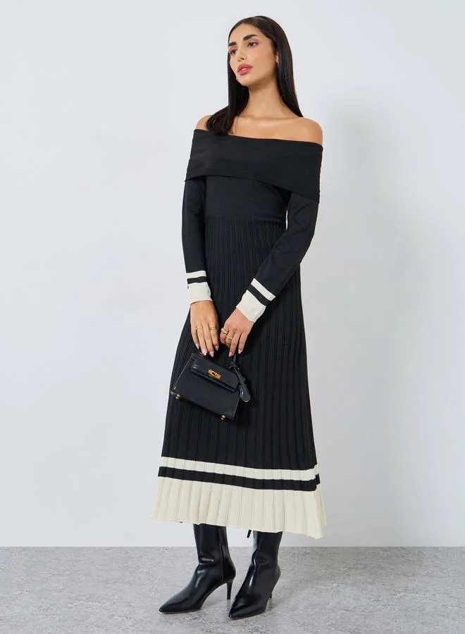Styli Color Block Off Shoulder Sweater Midi Dress