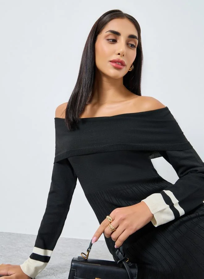Styli Color Block Off Shoulder Sweater Midi Dress