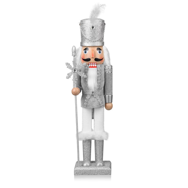 ArlinaL Wooden Christmas Soldier Nutcracker Decorations 15 Inch Nutcracker Figure Christmas Decor for Shelves and Tables Silver