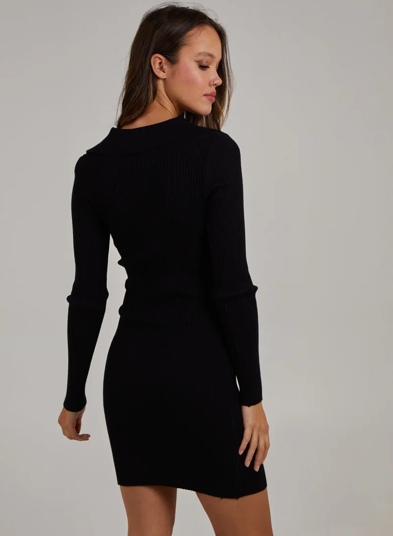 Pink Vanilla Button Detail Collared Rib Midi Dress