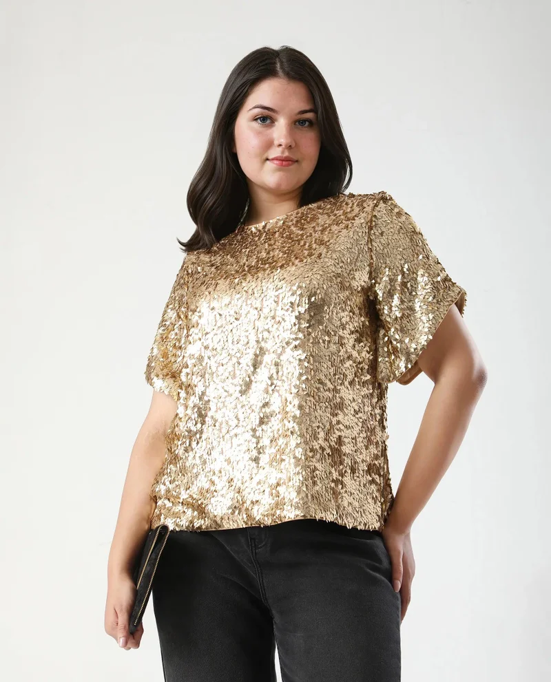 ريريزم Women's Metallic Gold Sequin Top